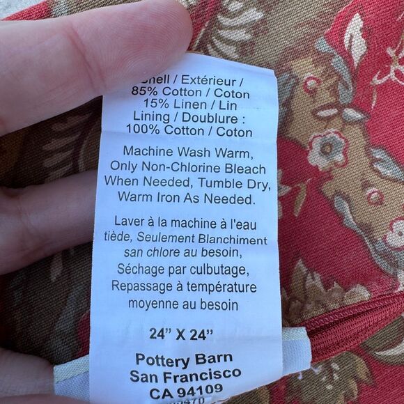 Lot of 3 Pottery Barn Pillow Covers Jacobean Floral Large 24”x24” Red Linen - Picture 8 of 9